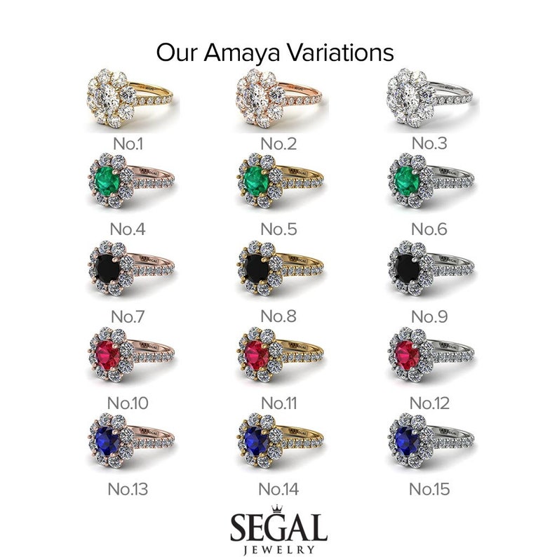 May include: A set of 15 engagement rings with different center stones and halo settings. The rings are arranged in three rows of five, with each row featuring a different center stone: diamond, emerald, black diamond, ruby, and sapphire. The rings are all set in gold, rose gold, or platinum.