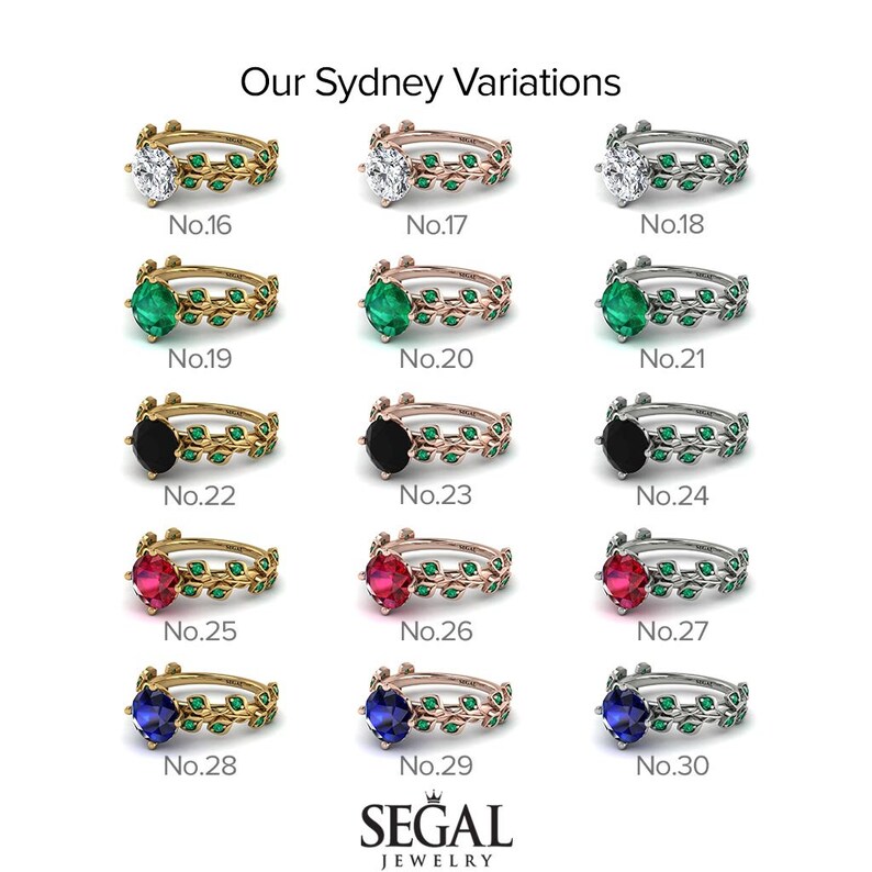 May include: A set of 15 engagement rings with different gemstone options. The rings feature a delicate leaf design with a single gemstone in the center. The gemstones include diamonds, emeralds, black diamonds, rubies, and sapphires. The rings are available in gold, rose gold, and silver.