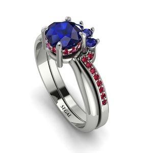 14K White Gold Minimalist Hidden Halo Sapphire Bridal Set Bridal-Set 100% Natural Blue Sapphire - Barbara