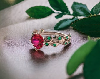 2ct RUBY ENGAGEMENT RING Rose Gold Ruby Red Rings with leaf Emerald Engagement Ring Ruby Engagement Rings for her