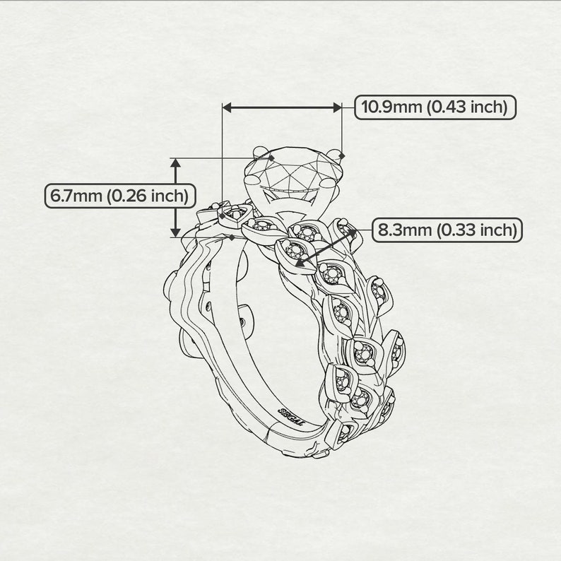 May include: A silver ring with a large, round, clear centre stone and a floral design with smaller stones. The ring is 10.9 mm wide, 6.7 mm tall, and 8.3 mm thick.