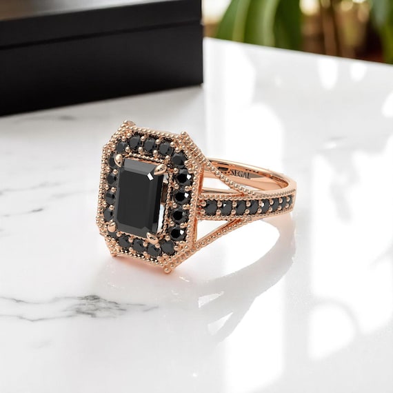 Unique Emerald Cut Black Diamond Wedding Ring 1ct, 18K Rose Gold