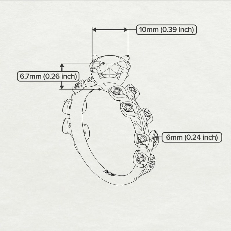 May include: A silver ring with a large, clear, round gemstone surrounded by smaller gemstones. The band is decorated with leaf-like designs. The ring measures 0.39 inches in diameter and 0.26 inches in height.