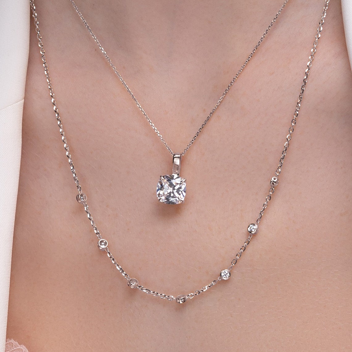 Cushion Cut Diamond Necklace Pendant White Gold 14K-18K White | Etsy