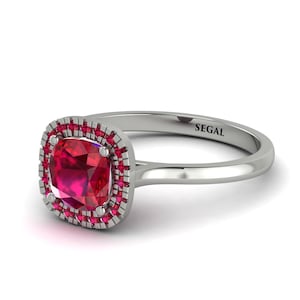 1ct Lab created Ruby Ring Halo Cushion Rings White Gold Lab grown Ruby Halo Cushion Cut Rings for Mom - Skylar