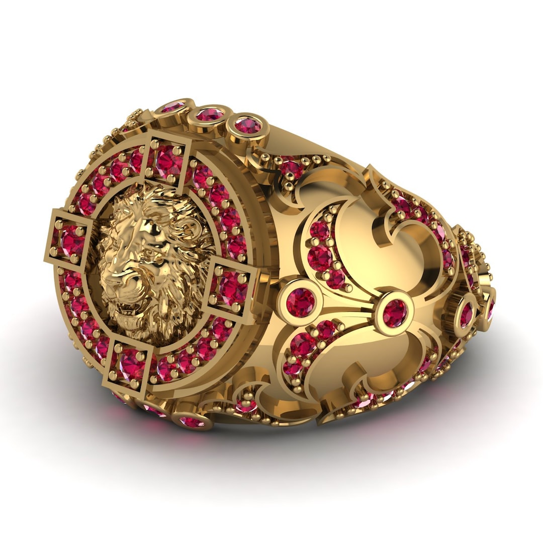 Men Gold Ring Ruby Inlay Signet Ring Ruby for Men Lion Ring Gold 14K-18K Yellow Gold Rings ...