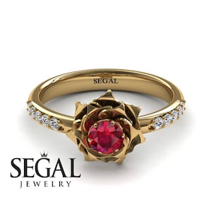 Rose Engagement Ring Yellow Gold Red Ruby Ring Rose Ring Flower Engagement Ring Antique Ring Yellow Gold Rose Engagement Ring - Elena