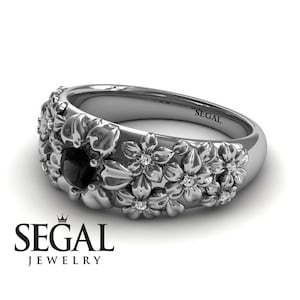 Flower Nature Inspired Engagement Ring Art Deco Flower Engagement Ring Black Diamond Ring Floral Engagement Ring - Violet
