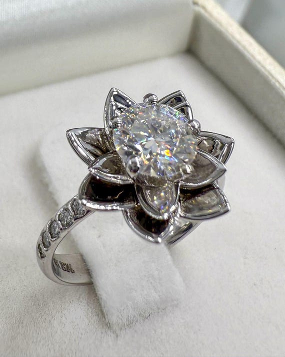 diamond dress rings white gold 14K Vintage Engagement Ring Lotus Ring White Gold Lotus Flower Ring Vintage Style Engagement - Lotus white gold diamond ring