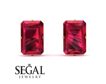 Emerald Cut Ruby Earrings Hidden Halo Gold 14K-18K Gold Stud Earrings Ruby Red Stones Earring Emerald Cut Earrings Mother Gifts - Vanessa