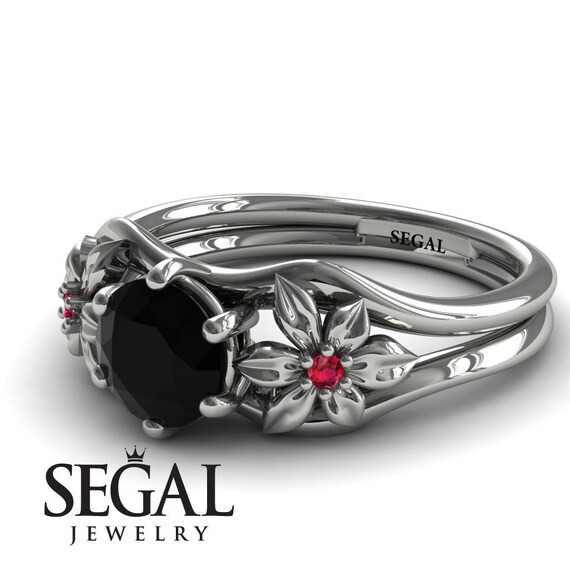 White Gold Engagement Ring Black Diamond Ring Flower Ring Unique Proposal Ring Vintage Ring Nature Ring Edwardian Engagement Ring - Bella