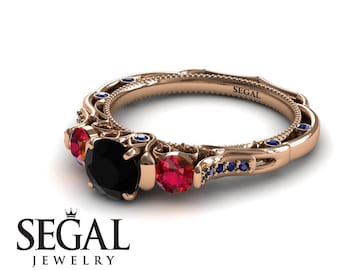 ユニークな婚約指輪 14Kレッドゴールド アールデコ ヴィクトリアンリング エドワード朝リング ブラックダイヤモンド ルビー付き - エリザベス朝ヴィクトリアン婚約指輪