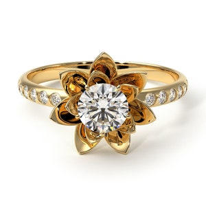 Vintage Engagement Ring Yellow Gold Rose Lotus Diamond Ring Lotus Flower 14k Yellow Gold Lotus Vintage Style Engagement Rings - Lotus