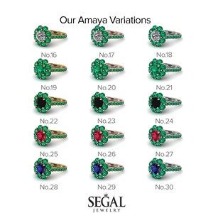 May include: Amaya engagement ring variations with different center stones. The rings feature a halo of emerald green stones surrounding a center stone. The center stones include a round brilliant diamond, a black diamond, a ruby, and a sapphire. The rings are available in yellow gold, rose gold, and white gold.