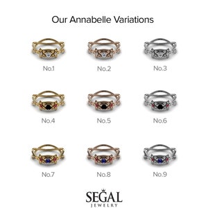 K&ouml;nnte beinhalten: Neun Variationen eines zarten Rings aus Gold, Ros&eacute;gold und Silber mit einem floralen Design und einem Mittelst&uuml;ck. Das Mittelst&uuml;ck ist ein Diamant, ein schwarzer Diamant oder ein Saphir. Der Ring ist mit den Zahlen 1 bis 9 gekennzeichnet.