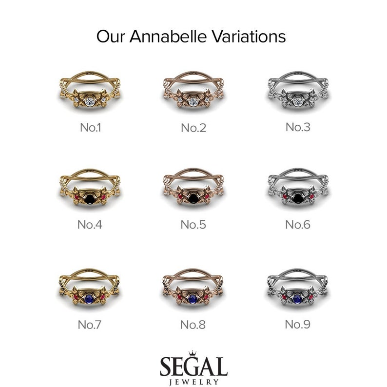 K&ouml;nnte beinhalten: Neun Variationen eines zarten Rings aus Gold, Ros&eacute;gold und Silber mit einem floralen Design und einem Mittelst&uuml;ck. Das Mittelst&uuml;ck ist ein Diamant, ein schwarzer Diamant oder ein Saphir. Der Ring ist mit den Zahlen 1 bis 9 gekennzeichnet.