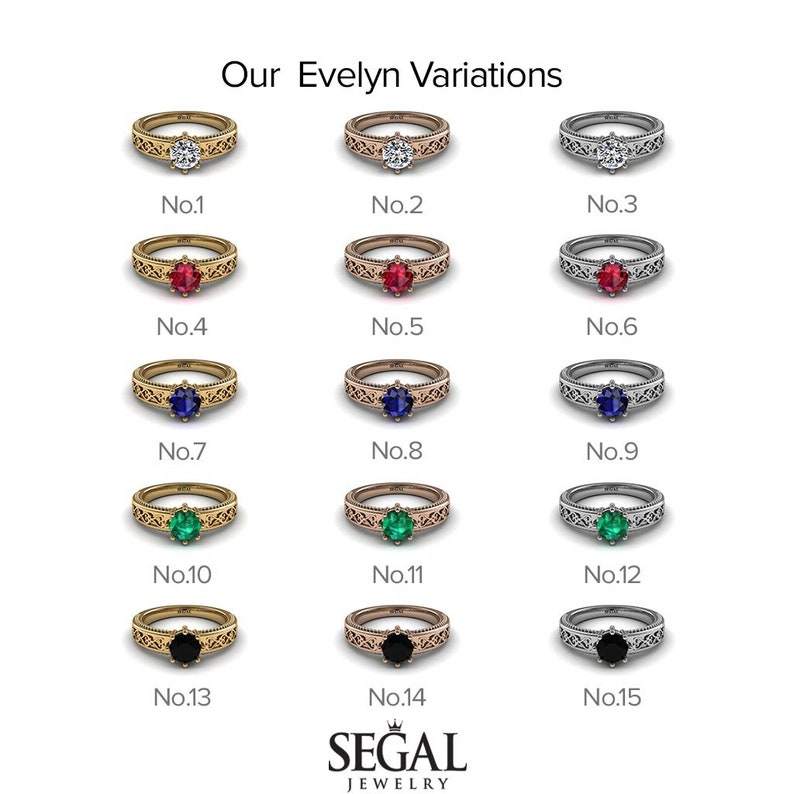 May include: A set of 15 engagement rings with different colored gemstones. The rings are arranged in a grid with three rows and five columns. The rings are all gold, rose gold, or silver. The gemstones are diamonds, rubies, sapphires, emeralds, and black diamonds.