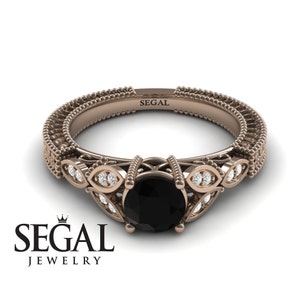 Victorian Engagement Ring 14k Rose Gold Filigree Ring Edwardian Ring Black Diamond Vintage Ring Victorian Engagement Ring - Adeline