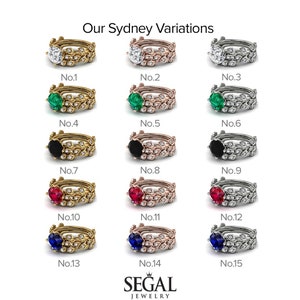 May include: A set of 15 variations of a ring with a leaf design. The rings are shown in different metal colours and with different gemstones, including diamonds, emeralds, black diamonds, rubies, and sapphires. The rings are numbered 1 through 15.