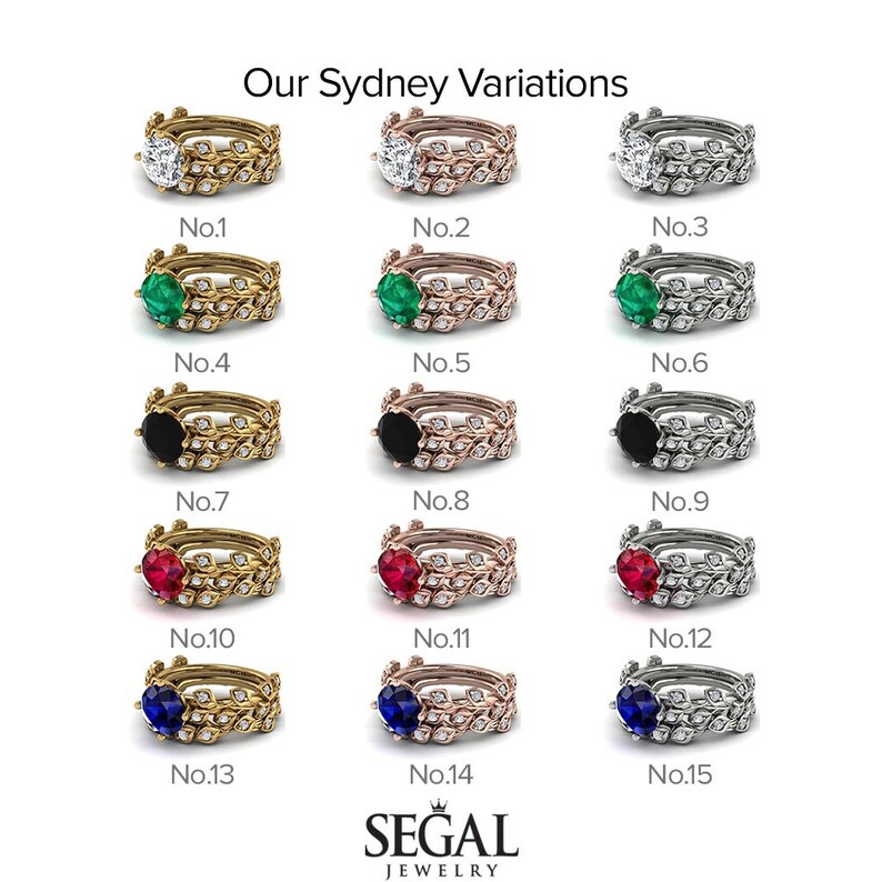 May include: A set of 15 variations of a ring with a leaf design. The rings are shown in different metal colours and with different gemstones, including diamonds, emeralds, black diamonds, rubies, and sapphires. The rings are numbered 1 through 15.
