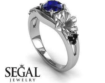Blue Saphire Engagement Ring, Gemstone, Butterfly Ring, White Gold Ring, Wedding Ring, Vintage Style, Promise Ring, Black Diamond - Blossom