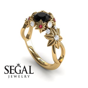 Unique Engagement Ring Yellow Gold Flower Ring Nature Flower Ring Black Diamond Ring Art Deco Ring Designer Engagement Ring - Katherine