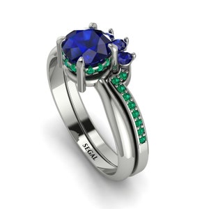 14K White Gold Minimalist Hidden Halo Sapphire Bridal Set Bridal-Set 100% Natural Blue Sapphire - Barbara