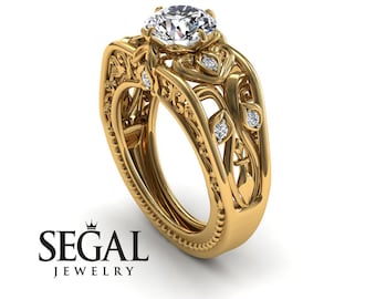 Unique Engagement Ring Diamond ring 14K Yellow Gold Art Deco Ring Filigree Ring White diamond - Skyler Unique Engagement Ring