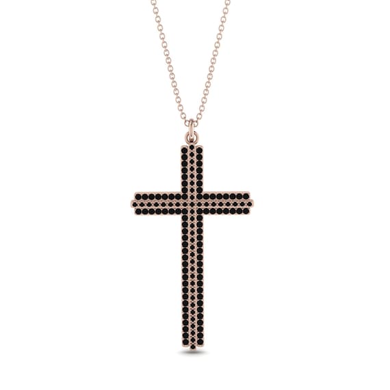 Black Diamond Cross Necklace 18K Rose Gold Cross Pendant Black