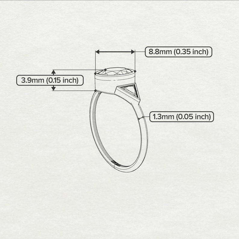 May include: A silver ring with a round, bezel-set gemstone. The ring is 8.8mm (0.35 inches) wide and 3.9mm (0.15 inches) tall. The band is 1.3mm (0.05 inches) thick.