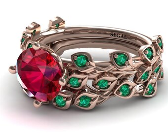 Anillos de compromiso y alianzas de boda con rubíes, anillos de rubí con forma de hoja, anillo de oro rosa de 14k, regalo de promesa con rubí