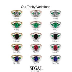 May include: A chart showing 15 different variations of a trinity ring with different gemstones. The rings are shown in gold, rose gold, and silver settings. The gemstones include diamonds, emeralds, onyx, rubies, and sapphires.