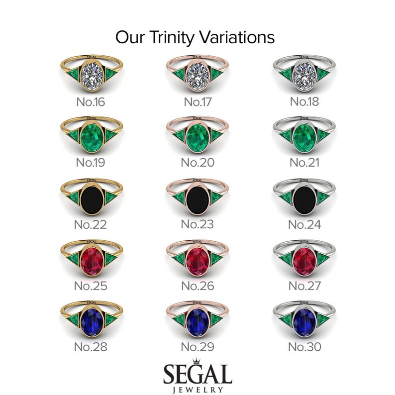 May include: A chart showing 15 different variations of a trinity ring with different gemstones. The rings are shown in gold, rose gold, and silver settings. The gemstones include diamonds, emeralds, onyx, rubies, and sapphires.