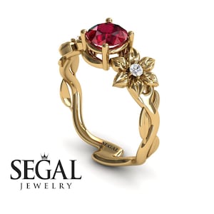 Branch Engagement Ring Yellow Gold Floral Ring Nature Inspired Engagement Ring Red Ruby Ring Art Deco Ring Branch Engagement Ring - Julia