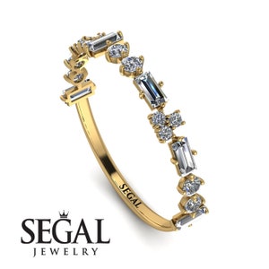 14K Yellow Gold Baguette & Round cut Diamond Wedding Band, Natural Diamond Gold Stacking Ring