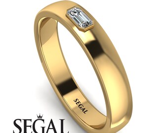 14K Yellow Gold Emerald cut Moissanite Wedding Band, Gold Stacking Natural Moissanite Promise Ring