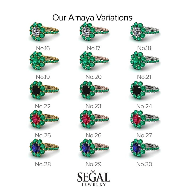 May include: Amaya engagement ring variations with different center stones. The rings feature a halo of emerald green stones surrounding a center stone. The center stones include a round brilliant diamond, a black diamond, a ruby, and a sapphire. The rings are available in yellow gold, rose gold, and white gold.