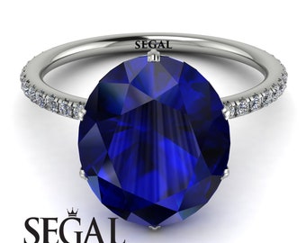 Sapphire diamonds rings 14k White Gold blue sapphire hidden halo diamond Engagement ring - Gemma