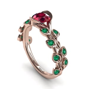 6mm Unique Engagement ring Rose Gold Ruby Ring Unique Engagement Ring leaf Unique Ring Ruby Rings