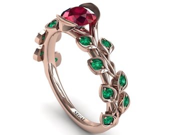 6mm Unique Engagement ring Rose Gold Ruby Ring Unique Engagement Ring leaf Unique Ring Ruby Rings