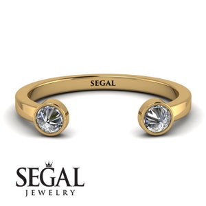 14K Yellow Gold Open Cuff Upside Down Diamond Ring, Natural Round Diamond Open Wedding Band