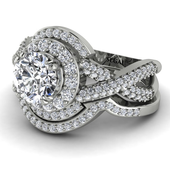 1 carat Moissanite Bridal set Minimalist 14K White Gold Unique Diamond Halo Bridal Set Premium Moissanite - Jessica