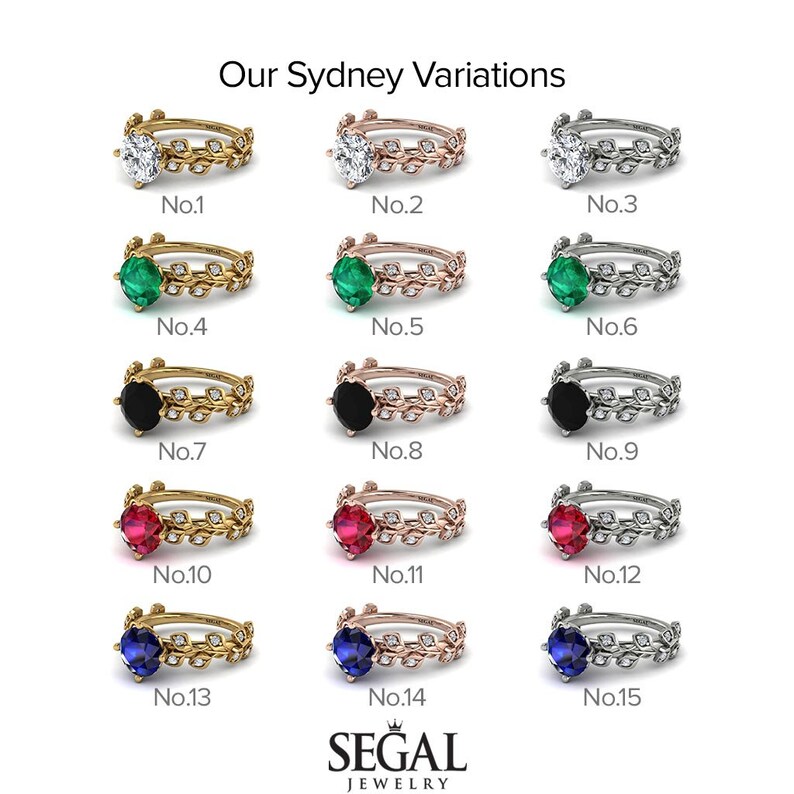 May include: A set of 15 engagement rings with different colored gemstones. The rings are all made of gold, rose gold, or silver and feature a delicate leaf design. The gemstones include emerald, ruby, sapphire, and black diamond.