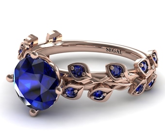 Sapphire Engagement Ring Leaf Ring Rose Gold Proposal Ring Vintage Ring Engagement Rings Unique Ring Gift For Her Ring Nature ring Art Deco