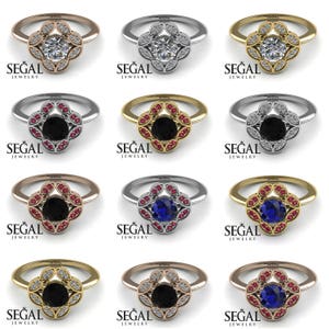 May include: A set of nine engagement rings with a floral design. The rings are available in three different metal colors: rose gold, yellow gold, and white gold. The center stone is a black diamond, a white diamond, or a blue sapphire. The rings are surrounded by a halo of smaller diamonds or sapphires.