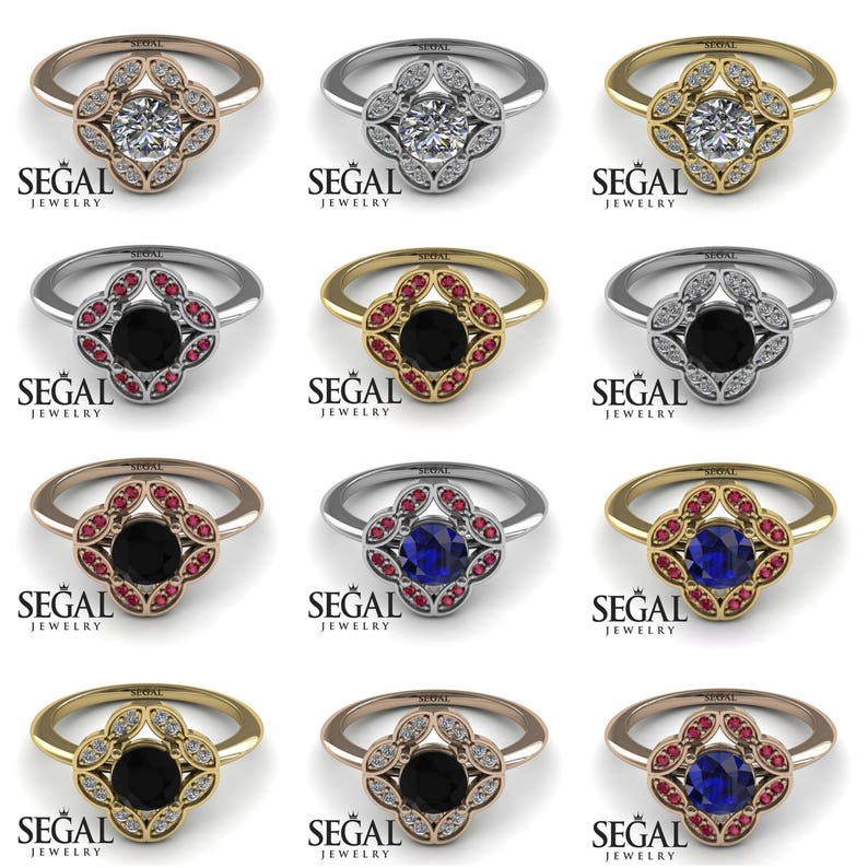 May include: A set of nine engagement rings with a floral design. The rings are available in three different metal colors: rose gold, yellow gold, and white gold. The center stone is a black diamond, a white diamond, or a blue sapphire. The rings are surrounded by a halo of smaller diamonds or sapphires.