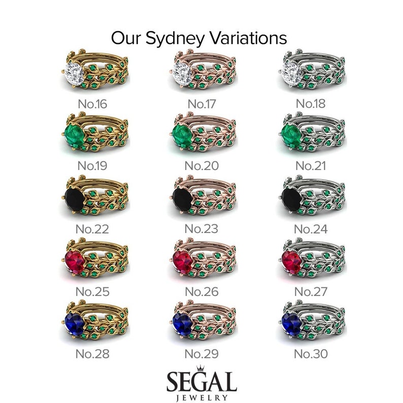 May include: A set of 15 variations of a gold, rose gold, and silver ring with a leafy design and a centre stone. The centre stones are emerald, ruby, sapphire, black diamond, and white diamond. The rings are numbered 16 through 30.
