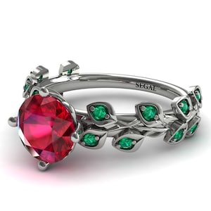 White Gold Engagement Ring 2ct Ruby Leaf Nature Inspired Ring Proposal Ring Gift for her Red Ruby Rings