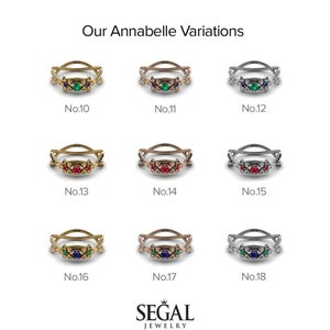 K&ouml;nnte beinhalten: Neun Variationen eines Rings aus Gold, Ros&eacute;gold und Silber mit einem zarten Blumenmuster und drei Edelsteinen. Die Ringe sind von 10 bis 18 nummeriert.