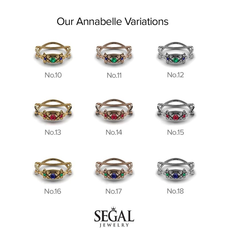 K&ouml;nnte beinhalten: Neun Variationen eines Rings aus Gold, Ros&eacute;gold und Silber mit einem zarten Blumenmuster und drei Edelsteinen. Die Ringe sind von 10 bis 18 nummeriert.